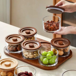 Wooden & Glass Serving Platter with Wooden Stand - 6 Pieces